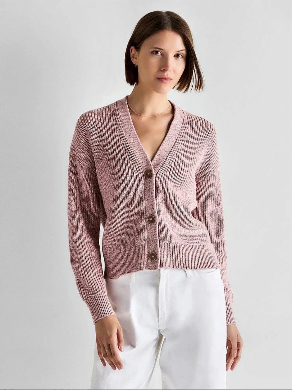 Quince 100% Organic Cotton Fisherman Boxy Cropped Cardigan Pink Medium
